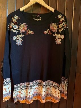 Desigual Black Embroidered Floral Sweater with Printed Hem and cuff NWOT Size L